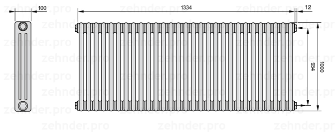 Схема (чертеж) Радиатор Zehnder Charleston 3100/29 №7610 Белый глянцевый RAL 9016